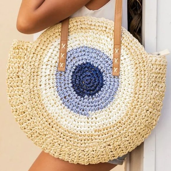 Evil Eye Protection Straw Weave Bag - Picture 1 of 8